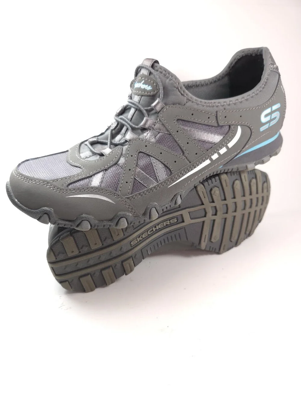 Skechers Bikers Gray & Teal Slip‑On Bungee‑Lace Walking Sneakers Sz 8
